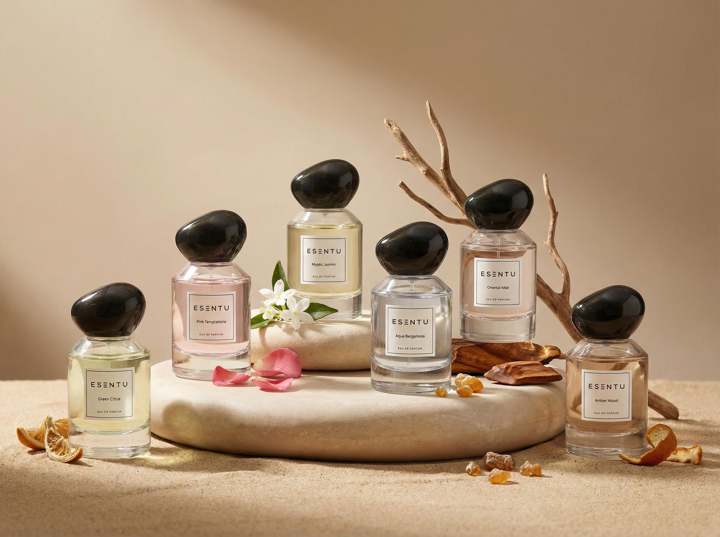 Perfum, bottles and stones